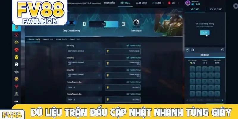 Dữ liệu trận đấu cập nhật nhanh theo từng giây